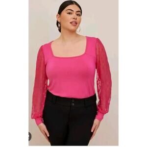 Torrid Super Soft Sheer Dot Mesh Sleeve Top Blouse Pink 2 2X 20/22